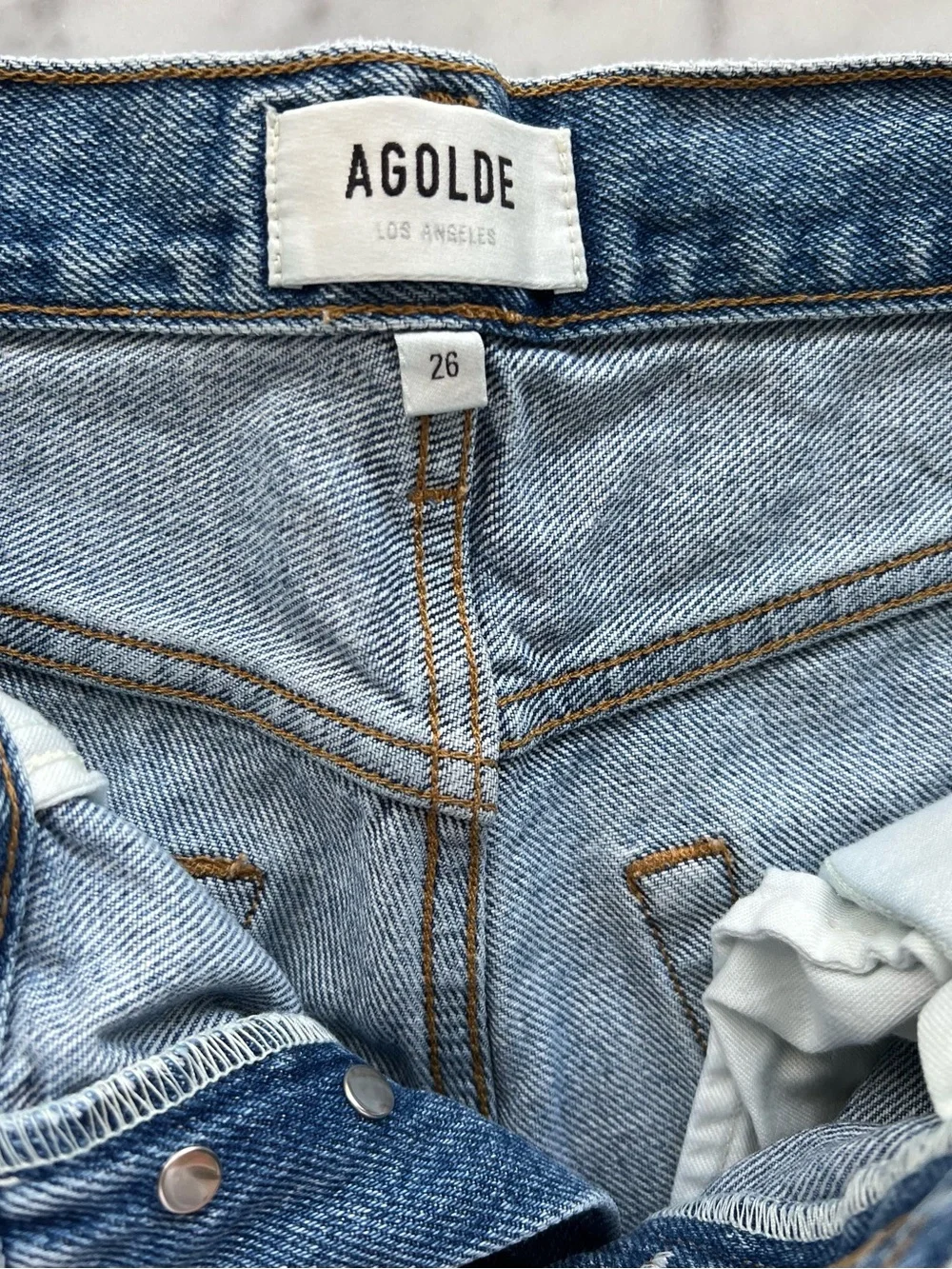 AGOLDE Parker Long High-Rise Cutoff Shorts Skywave Blue Wash Size 26